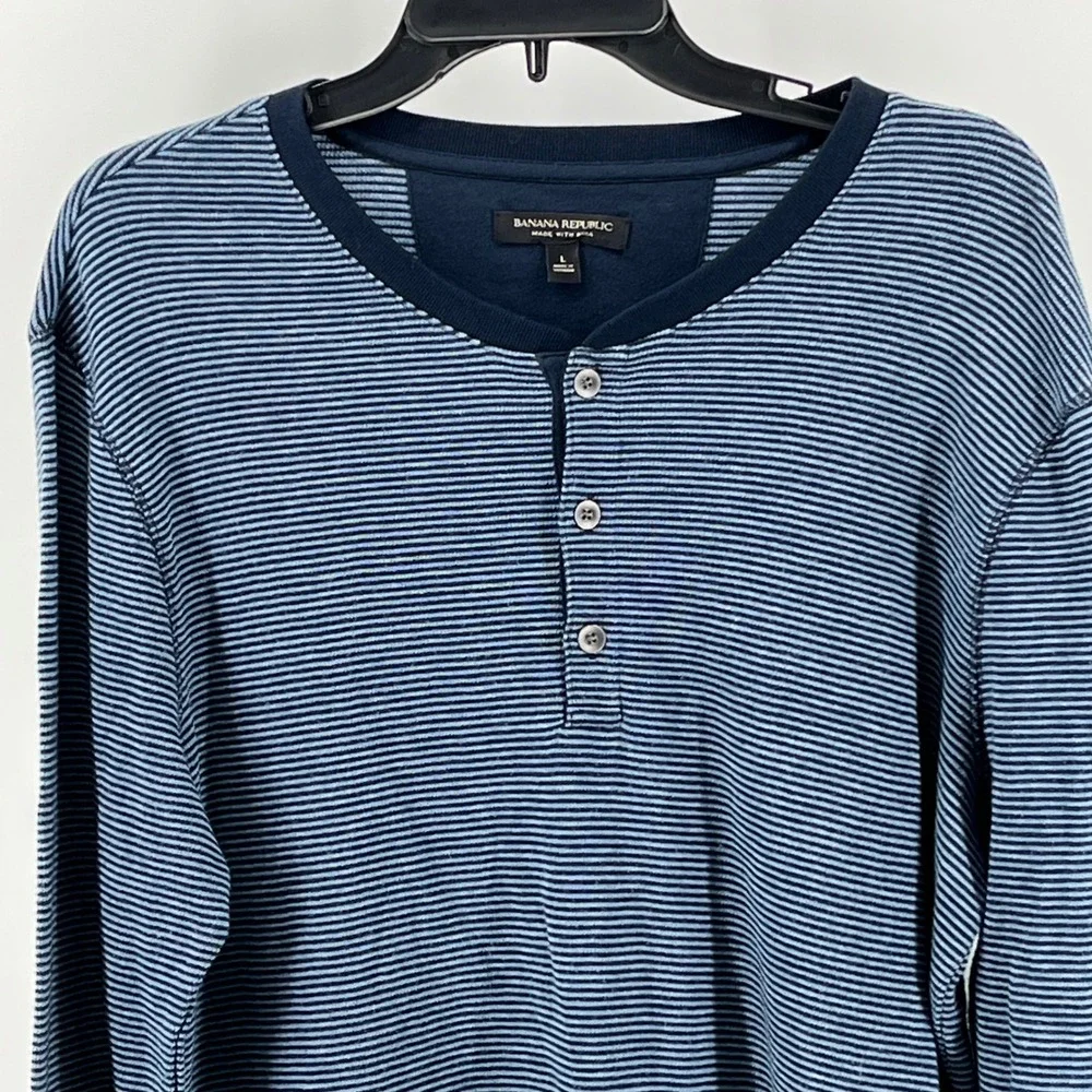 Banana Republic Henley Shirt, Mens, Large, Blue, Striped Pima Cotton Modal